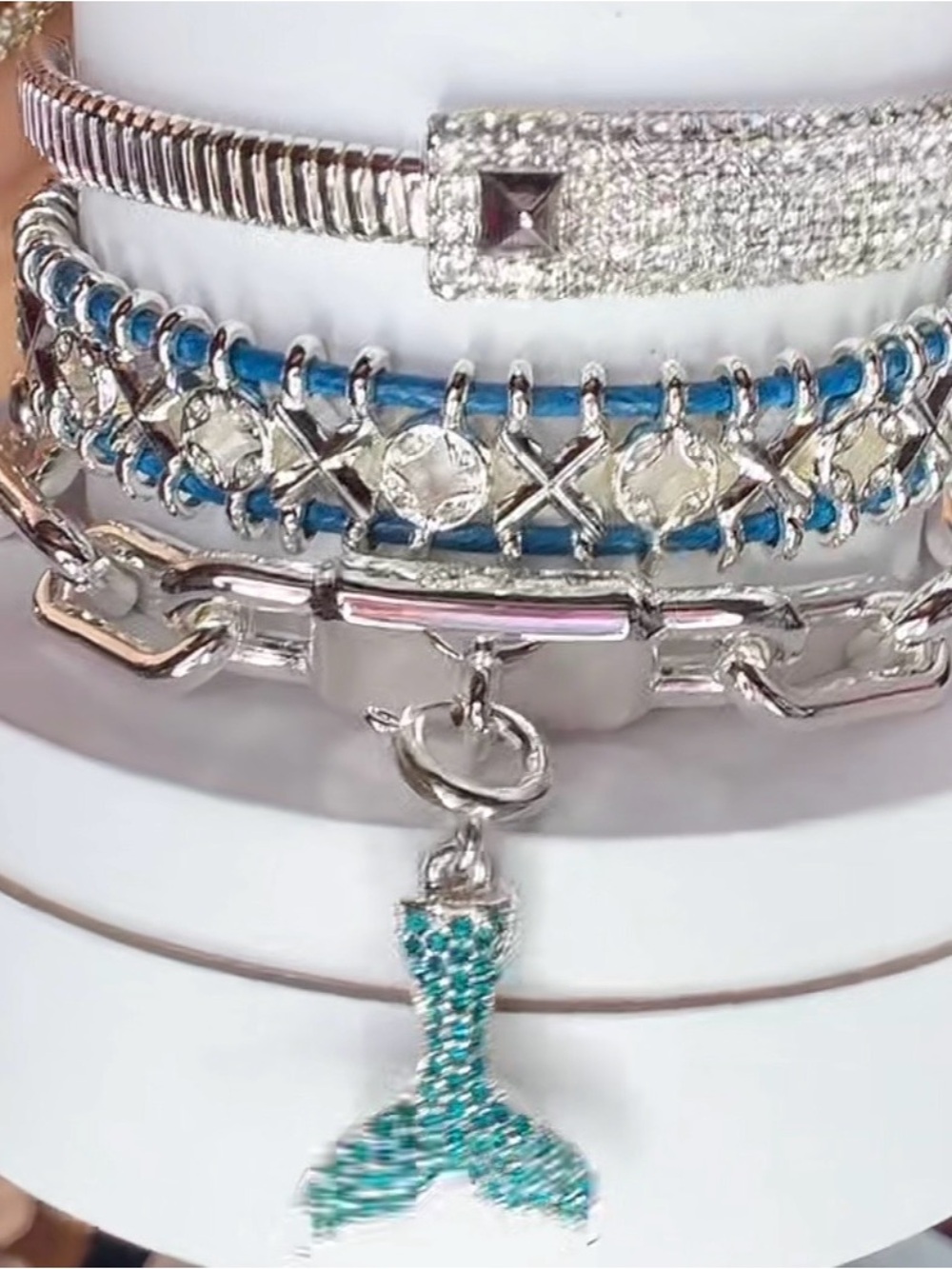 Silver-Tone Bracelet Set with Blue Accents and Mermaid Tail Charm
